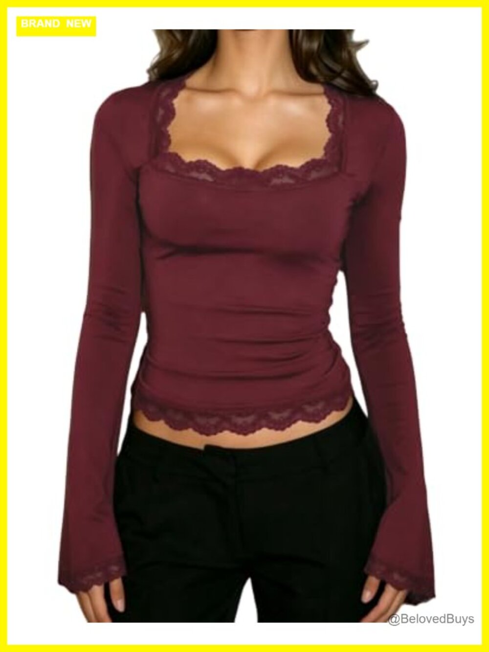 Lace Trim Square Neck Long Sleeve Top Y2k Slim Fit Fall Blouse